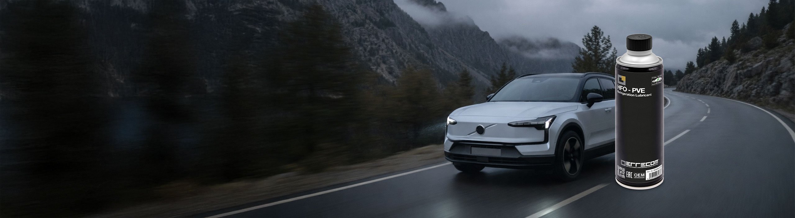 Bjerglandskab med Volvo og et billede af Errecoms PVE A/C-olie